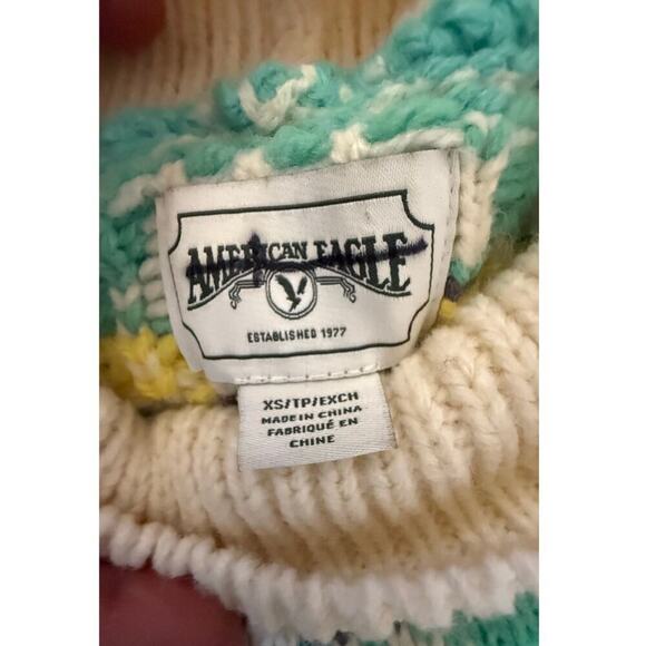 American Eagle Fair Isle Turtleneck Sweater Oversized XS Green / Beige Y2K Boho - Picture 3 of 6